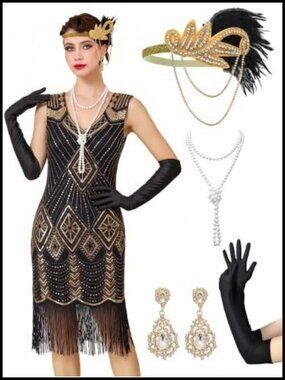 1920s Sequin Flapper Costume Set Fringe Gatsby Cocktail Dress Accessories